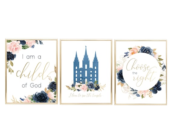 LDS Digital Print, Set of 3 print, I am a Child of God, lds Temple, ctr, Instant Download, Girl Wall Decor, Girl Baptism, Navy Blush Gold