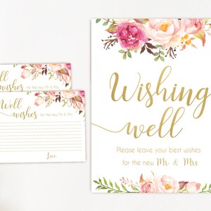 Signo de pozo de los deseos, Romantic Blush Bloom Pink Gold, tarjetas de buenos deseos Deseos de despedida de soltera para la nueva plantilla de tarjeta mr mrs, descarga instantánea