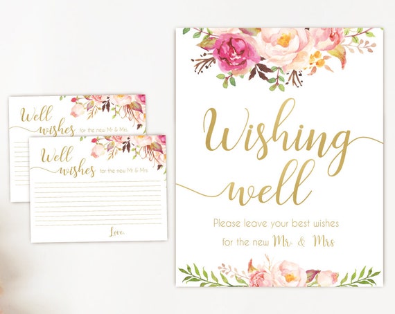 Wishing well sign, Romantic Blush Bloom Pink Gold, well wishes cards Bridal Shower Wishes for the new mr mrs card template, instant download