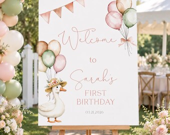 Placa de boas-vindas para aniversário com um ganso engraçado, primeiro aniversário do ganso, estilo casa de campo rosa chique, modelo editável Corjl