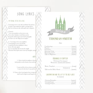 May include: Printable baptism program template with a green silhouette of a temple and the words "Baptism of" and "Thomas Smith". The program includes sections for the conducting, pianist, chorister, opening song, opening prayer, talk on baptism, ordinance of baptism, music number, talk on the Holy Ghost, confirmation and the gift of the Holy Ghost, closing remarks, closing song, and closing prayer.