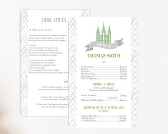 Baptism Program, Editable Program, LDS Printable Digital Handout boy Baptism, Green Grey, Watercolor, Baptism Template, Corjl