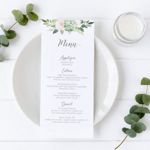 Menú editable despedida de soltera, menú de fiesta, menú imprimible, menú de suculentas, menú de flores de rosas polvorientas suculentas, recepción de bodas con tarjeta de menú