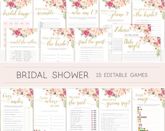 Bridal Shower Games, Bridal Shower Games Bundle, Romantic Blush Bloom Pink Gold, Editable Bridal Shower Games, Package Set Bundle