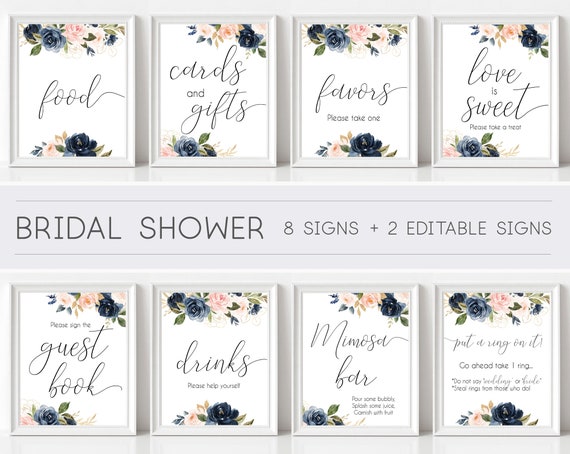 Bridal Shower Sign, Bridal Shower Sign Package Bundle, Printable Bridal Tea Sign, Navy Rose Floral Bridal Shower Sign, Editable Sign