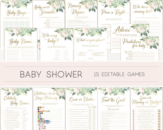 Baby Shower Games, Baby Shower Games Bundle, Succulents Greenery Pink Gold, Editable games, Baby Shower blush, succulents and gold