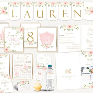 Taufe Mädchen, bearbeitbares Taufprogramm, Kit, Set, LDS Taufmädchen, bearbeitbare Vorlage, weiße Blumen Blush Pink Aquarell Floral Gold