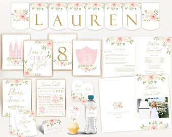 Baptism Girl, Editable Baptism program,  Kit, Set, LDS Baptism Girl, Editable Template, White flowers Blush Pink Watercolor Floral Gold