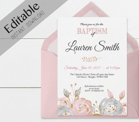 Baptism Invitation Girl, Editable PDF, Girl Invitation pink grey watercolor, gold, Baptism Invite, No Photo Needed, Invitation Template