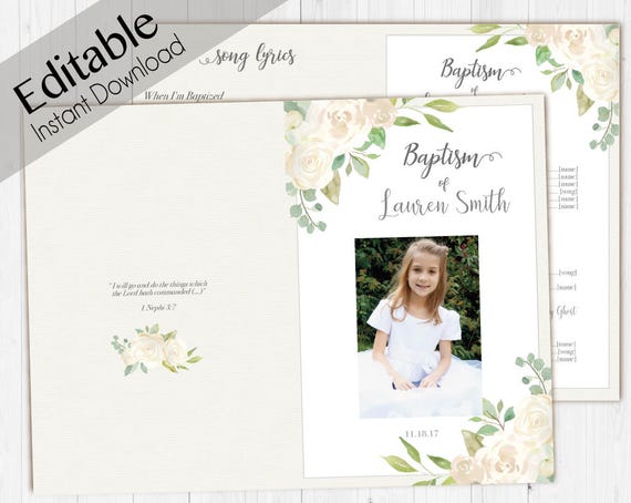 Baptism Program LDS Printable Digital, Editable PDF, Songs Handout Girl Baptism white Flowers, white, Watercolor, Baptism Program Template