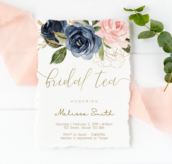 Bridal Tea Invitation, Editable Navy Gold Dusty Rose Floral Bridal Tea invitation, Printable Bridal Tea Invitation, Editable PDF