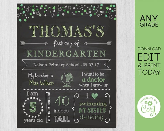 Back to School Sign, First/Last Day of School Sign, First day of School Chalkboard Editable school sign, Chalkboard Boy, Green Stars, Corjl