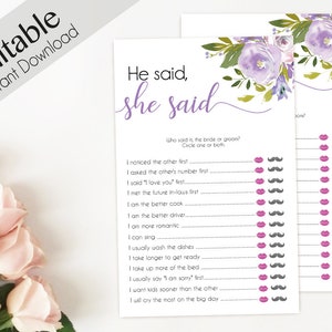 He Said She Said Bridal Shower Game, lilac lavender floral, Editable Games Bridal shower printable game bridal shower, Guess who game lilac