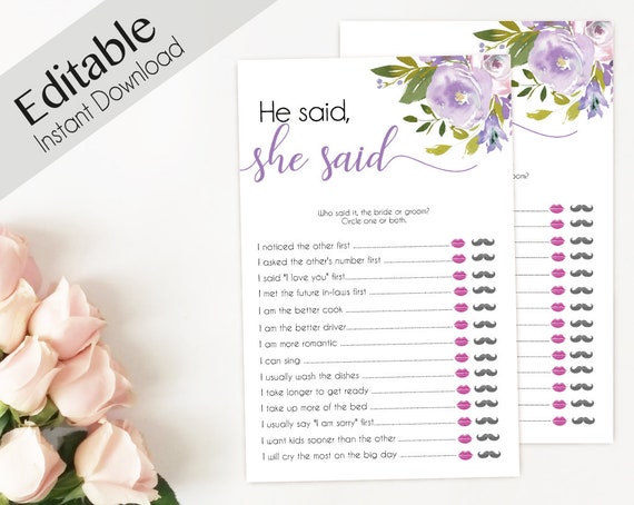 He Said She Said Bridal Shower Game, lilac lavender floral, Editable Games Bridal shower printable game bridal shower, Guess who game lilac