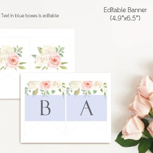 May include: Editable banner with a floral design featuring white and pink roses and green leaves. The banner is 4.9 inches by 6.5 inches and has two sections with the letters "B" and "A" in blue boxes.
