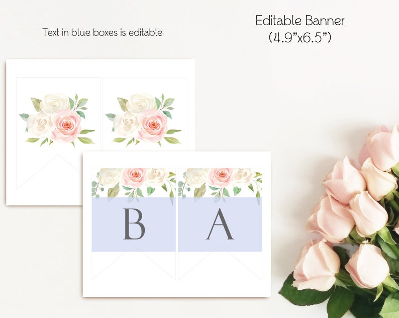 May include: Editable banner with a floral design featuring white and pink roses and green leaves. The banner is 4.9 inches by 6.5 inches and has two sections with the letters "B" and "A" in blue boxes.