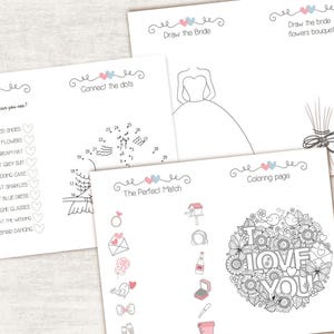 May include: A printable bridal shower game set with five different activities: I Spy, Connect the Dots, Draw the Bride, The Perfect Match, and a coloring page. The coloring page features a circular design with the words "I Love You" surrounded by flowers and butterflies.