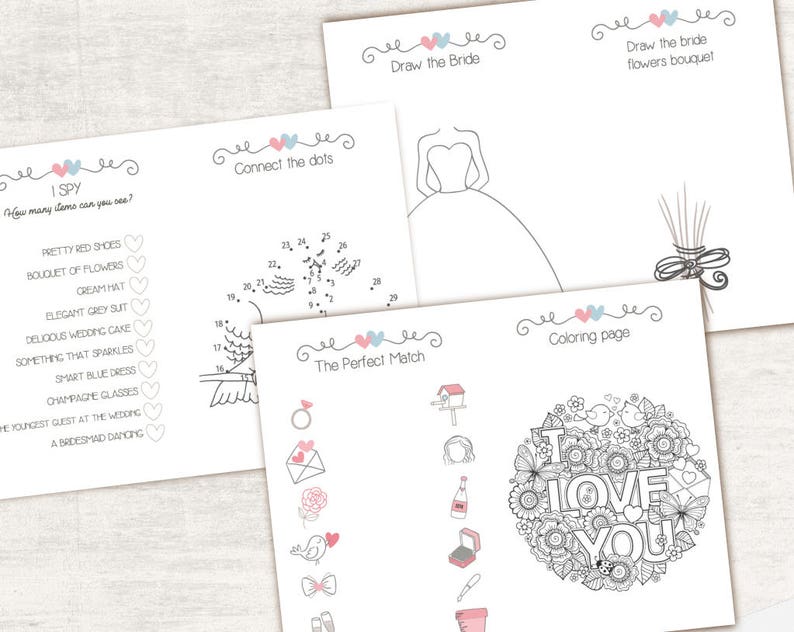 May include: A printable bridal shower game set with five different activities: I Spy, Connect the Dots, Draw the Bride, The Perfect Match, and a coloring page. The coloring page features a circular design with the words "I Love You" surrounded by flowers and butterflies.