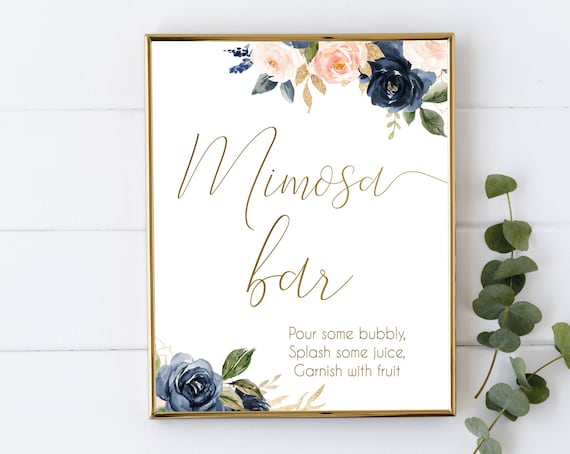 Mimosa Bar sign, Navy Gold Rose Floral, Mimosa Bar Sign, Wedding Bar Sign, Printable Sign, Wedding Sign, Engagement Party Bubbly, BG01