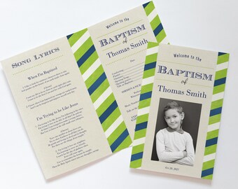 May include: A green and blue striped programme for a baptism ceremony. The programme includes the name "Thomas Smith" and the date "Oct 20, 2021". The programme also includes song lyrics for the songs "When I'm Baptized" and "I'm Trying to be Like Jesus".