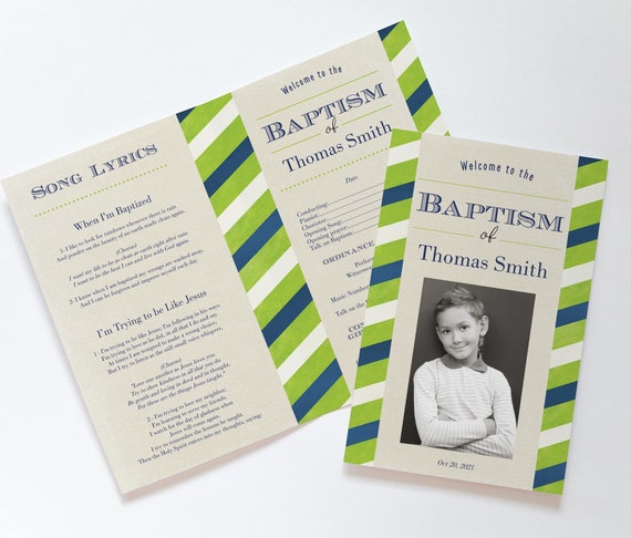 Editable Baptism Program, Baptism LDS Printable Digital, Songs Handout Boy Baptism photo, Navy Blue Lime Green, Program Photo, Corjl