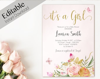 Gold Butterfly Baby Shower Invitation, Watercolor Flowers (Editable PDF)