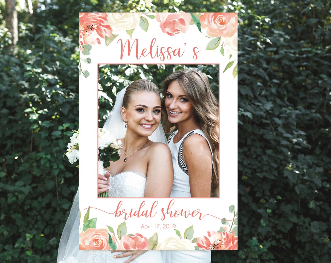 Bridal Shower Photo Booth Frame, Peach Watercolor Flowers Photo Prop
