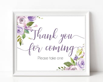 Thank you for coming Sign,Printable Sign Baby Bridal Wedding Shower Sign, Favor Sign, Please take one Sign, Lilac Purple Lavender Floral