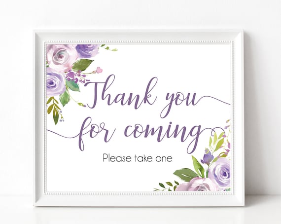 Thank you for coming Sign,Printable Sign Baby Bridal Wedding Shower Sign, Favor Sign, Please take one Sign, Lilac Purple Lavender Floral