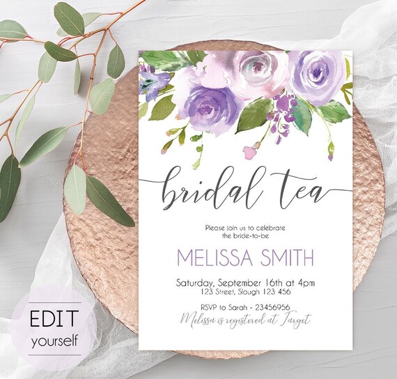 Bridal Tea Invitation, Editable PDF, Bridal Shower Printable, Floral Bridal, lilac lavender watercolor, DIY Bridal Invitation Template
