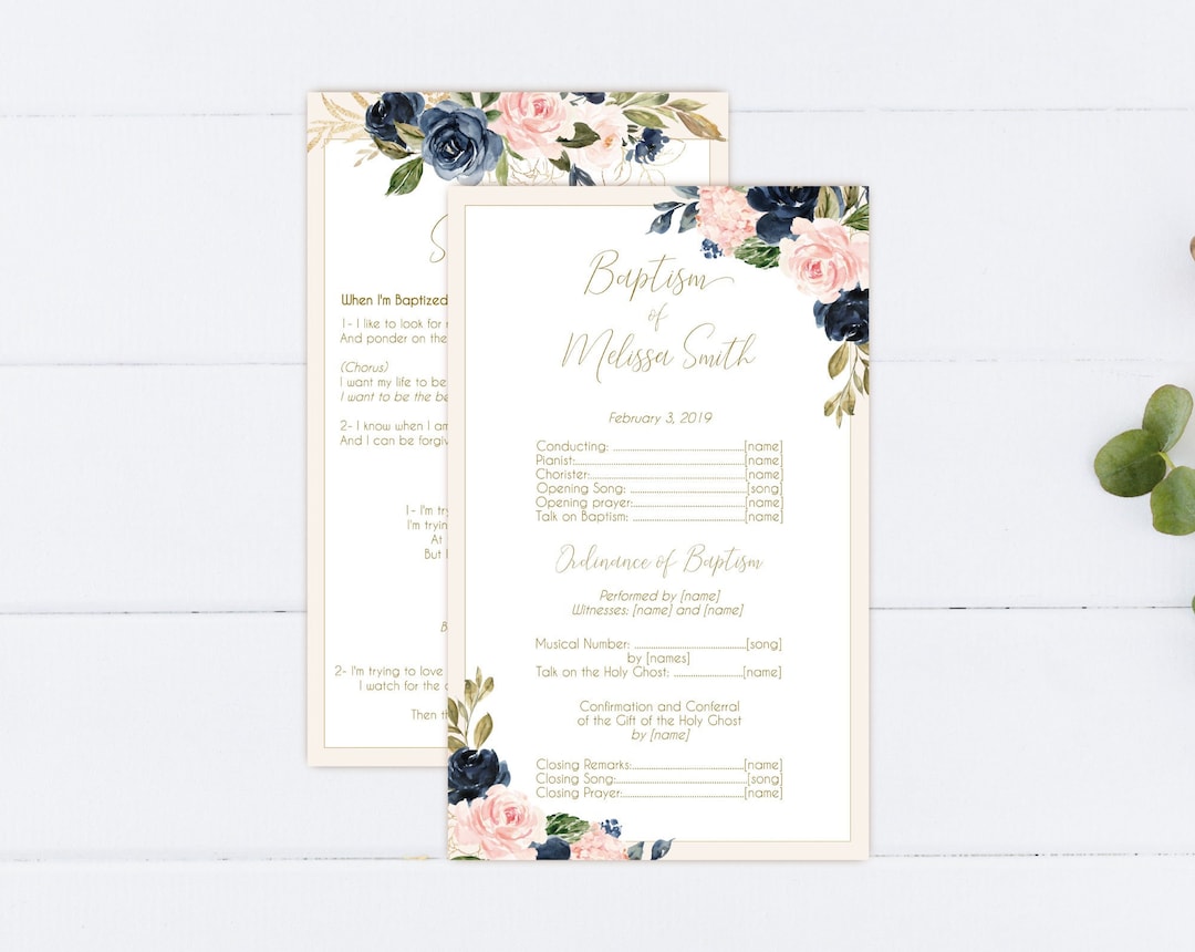 Editable Baptism Program, Printable Digital Handout Girl Baptism, Navy ...