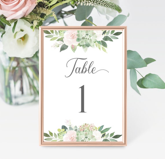 Editable Table Number, Table Number Template, Table Numbers sign, succulent greenery blush flower, Editable PDF, Instant Download