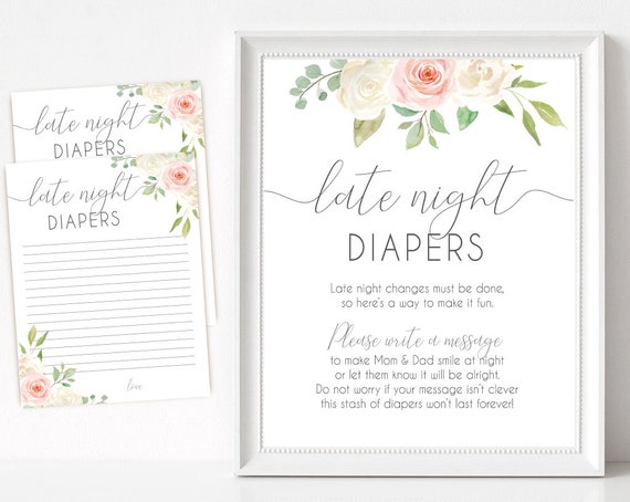 Late Night Diapers Sign, Late Night Diapers Card, Baby Shower Sign Printable Romantic Blush Pink White Floral, Baby Shower, Instant Download