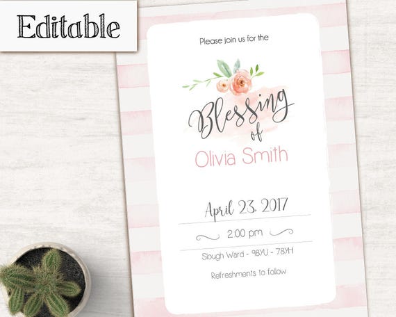 Blessing Invitation Girl Editable file, Editable PDF, Instant Download, Girl Invitation, watercolor, No Photo Needed, Invitation Template