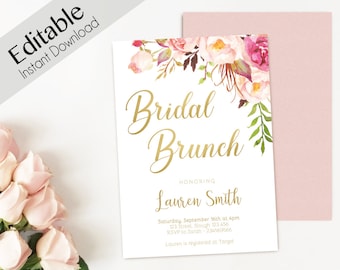 Bridal Brunch Invitation Editable PDF, Bridal Brunch Printable, Romantic Blush Pink Floral Bloom, DIY Bridal Invitation Pink Gold