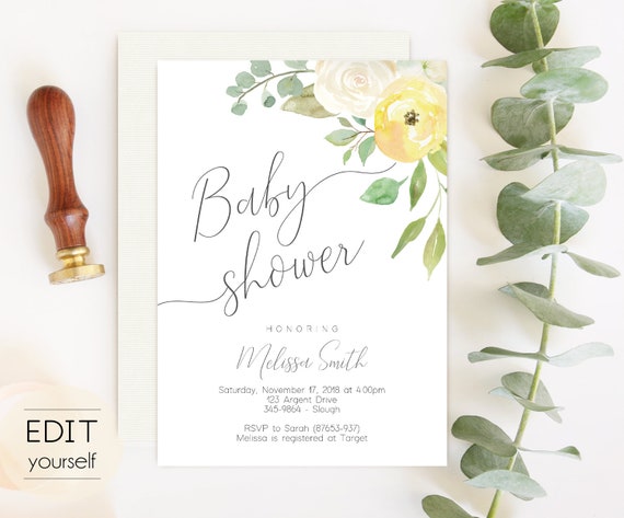 Baby Shower Invitation, Editable PDF, Baby Shower Printable, Yellow White Floral, DIY Baby Invitation, Baby shower invitation gender neutral