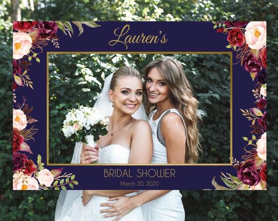 Bridal Shower Photo Booth Frame, Bridal Shower Photo Prop Frame Horizontal, Navy Gold Marsala Burgundy Blush Floral, Corjl