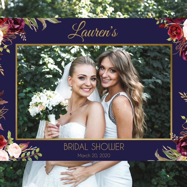 Bridal Shower Photo Booth Frame, Bridal Shower Photo Prop Frame Horizontal, Navy Gold Marsala Burgundy Blush Floral, Corjl