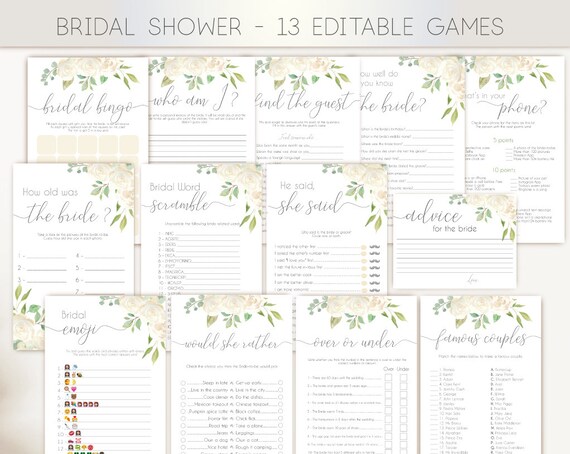 Bridal Shower Games Romantic White Ivory Flowers Editable Games Bridal Shower Games Package Set Bundle Bridal Shower White floral games