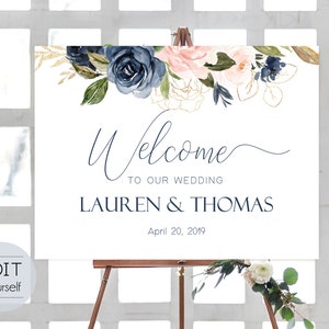 Welcome Sign Wedding Template, Editable PDF, Navy Blue Blush Rose Wedding welcome sign, Wedding welcome, Navy Welcome Wedding Sign