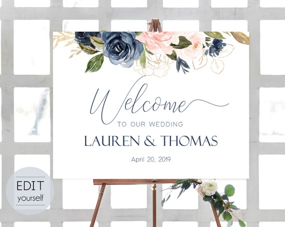 Welcome Sign Wedding Template, Editable PDF, Navy Blue Blush Rose Wedding welcome sign, Wedding welcome, Navy Welcome Wedding Sign