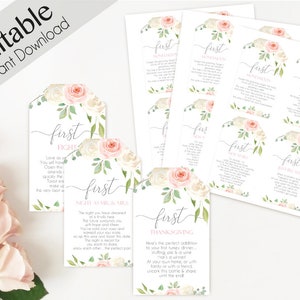 May include: Printable tags with floral designs and text that reads "first fight", "first night as mr. & mrs.", "first thanksgiving", "first kiss", "first dance", "first home", "first year", "first baby".