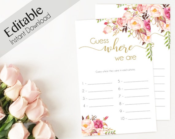 Bridal Shower Game Where we are Editable PDF Bridal Shower Romantic Blush Bloom Flowers Pink Gold, Editable Game, guess where we are