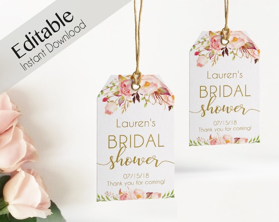 Favor Tag Bridal Shower Template Editable PDF Wedding shower tag Bridal Tea Tag, Instant Download, Romantic Bloom Blush Pink Flower Gold
