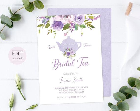 Bridal Tea Editable Invitation, Bridal Shower Printable, Lilac Purple Floral, DIY Bridal Tea Invitation Lilac Purple Tea pot, Corjl