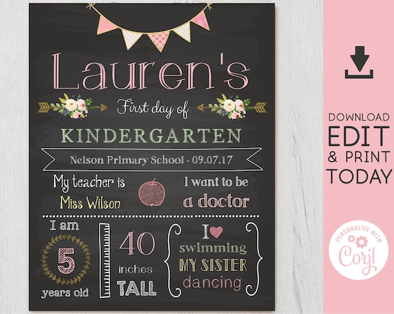 Back to School Sign, First/Last Day of School Sign Editable, Gold Pink Chalkboard, Chalkboard Sign, INSTANT DOWNLOAD, Corjl