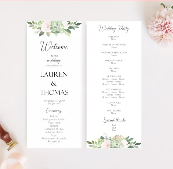 Editable Wedding Program, Printable Program, Succulents Wedding Program, Succulent Dusty Rose Flowers, Wedding Reception, instant download