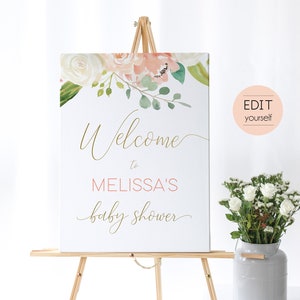Puede incluir: Un cartel de bienvenida blanco con un dise&ntilde;o floral en tonos rosa y blanco. El cartel dice "Bienvenido a la Baby Shower de Melissa" en letras doradas y rosas.