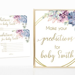 Prédictions modifiables pour signe de bébé, cartes de prédictions modifiables, signe de douche de bébé imprimable, succulentes lilas bleu rose, douche de bébé