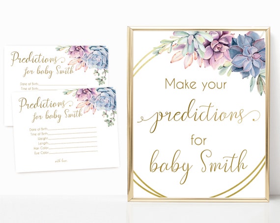 Editable Predictions for baby sign, Editable Predictions Cards, Baby Shower Sign Printable, Succulents Lilac Blue Pink, Baby Shower